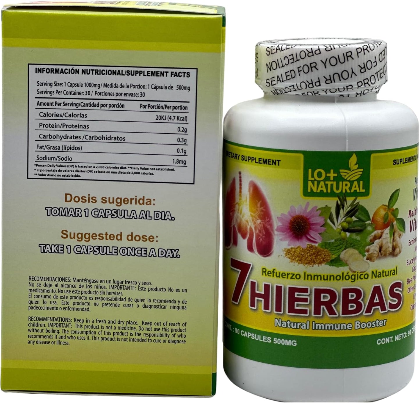 Vitamin C Enhanced Natural Immune Support Capsules with Echinacea - 90 Capsules 500mg | LO+NATURAL 7 HIERBAS