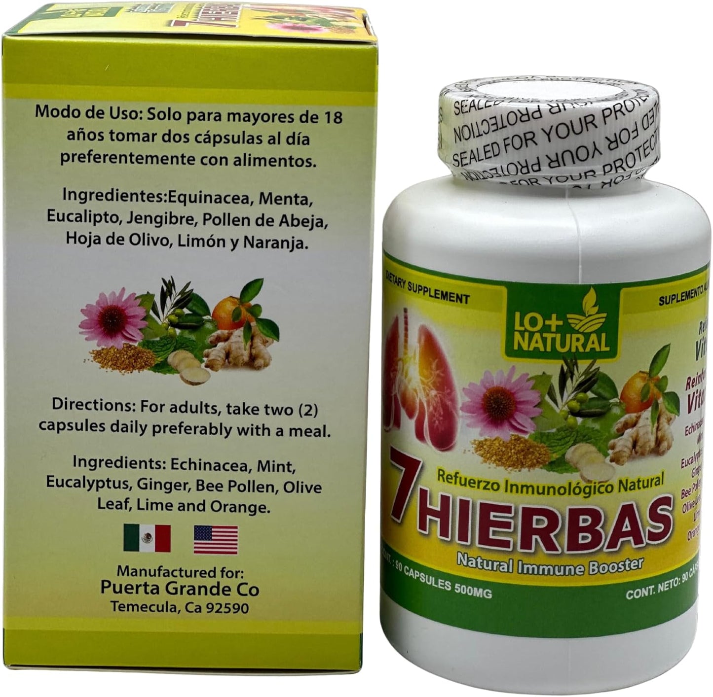 Vitamin C Enhanced Natural Immune Support Capsules with Echinacea - 90 Capsules 500mg | LO+NATURAL 7 HIERBAS
