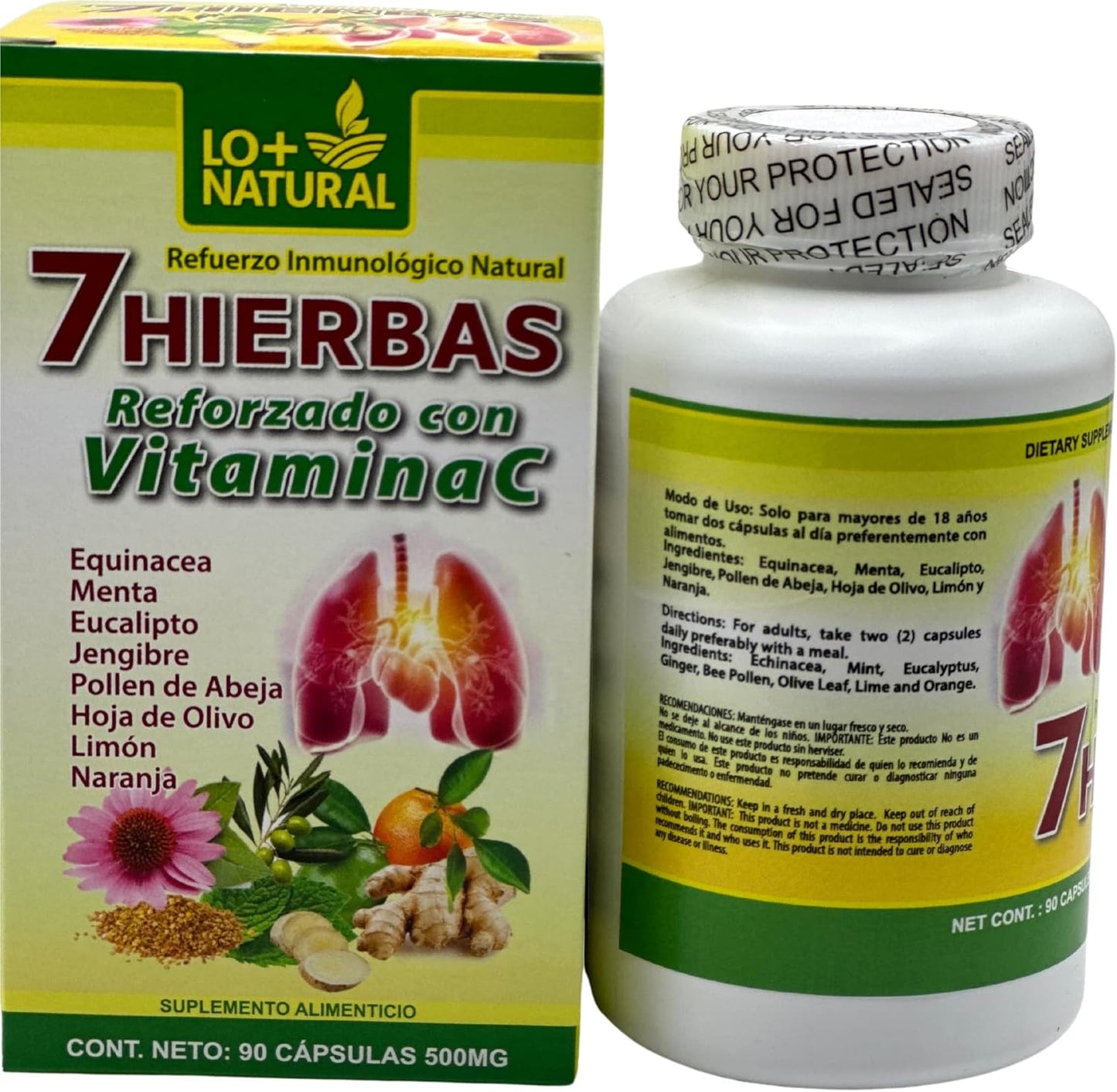 Vitamin C Enhanced Natural Immune Support Capsules with Echinacea - 90 Capsules 500mg | LO+NATURAL 7 HIERBAS