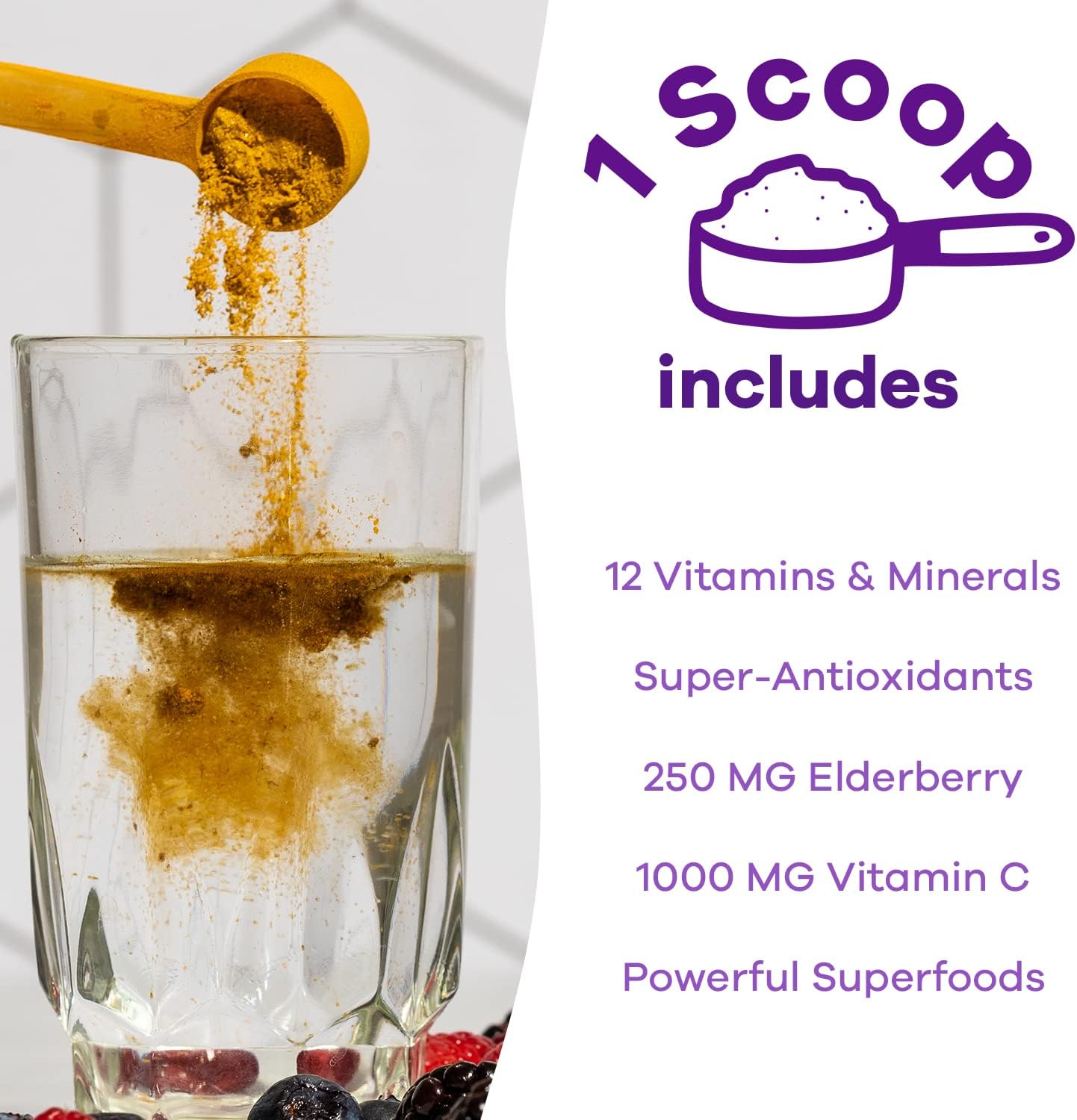 Vitamin C Immune Defense Support Supplement - Vegan Superfood Powder with Elderberry, Turmeric, B12 - Non-GMO, Sugar Free - Berry Flavor