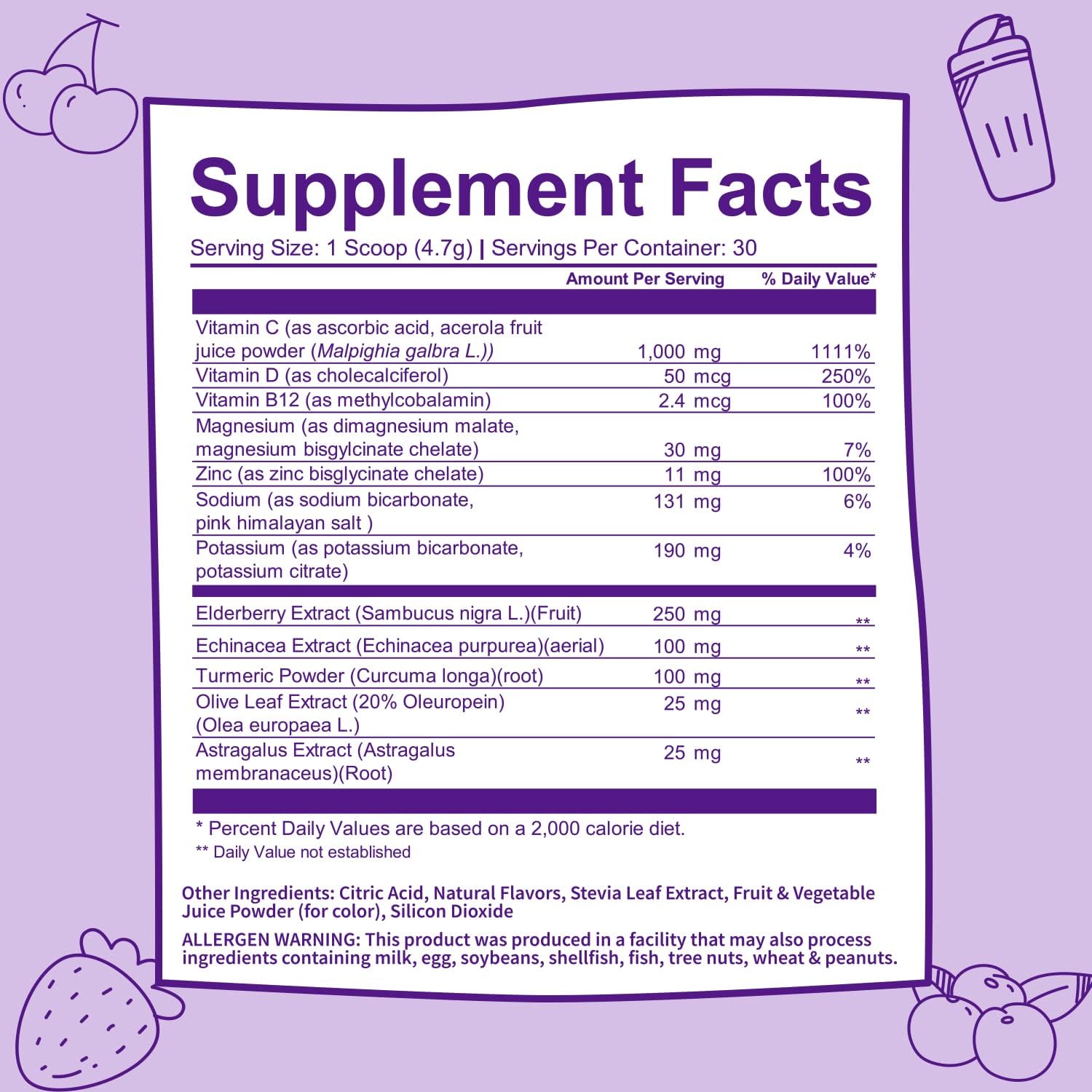 Vitamin C Immune Defense Support Supplement - Vegan Superfood Powder with Elderberry, Turmeric, B12 - Non-GMO, Sugar Free - Berry Flavor