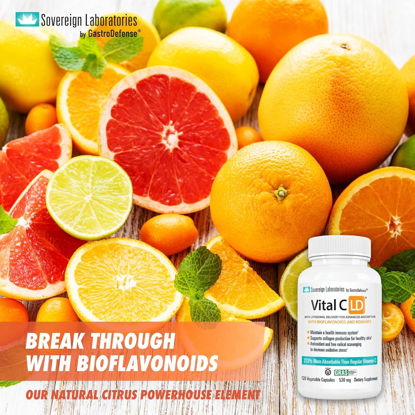 Vitamin C-LD Enhanced Liposomal Capsules - GastroDefense Vital - 530mg - 120 Count