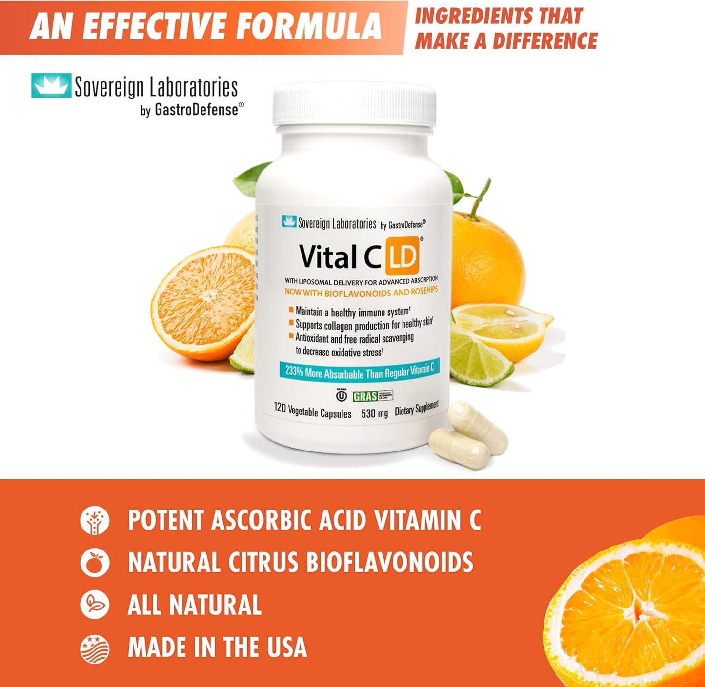Vitamin C-LD Enhanced Liposomal Capsules - GastroDefense Vital - 530mg - 120 Count