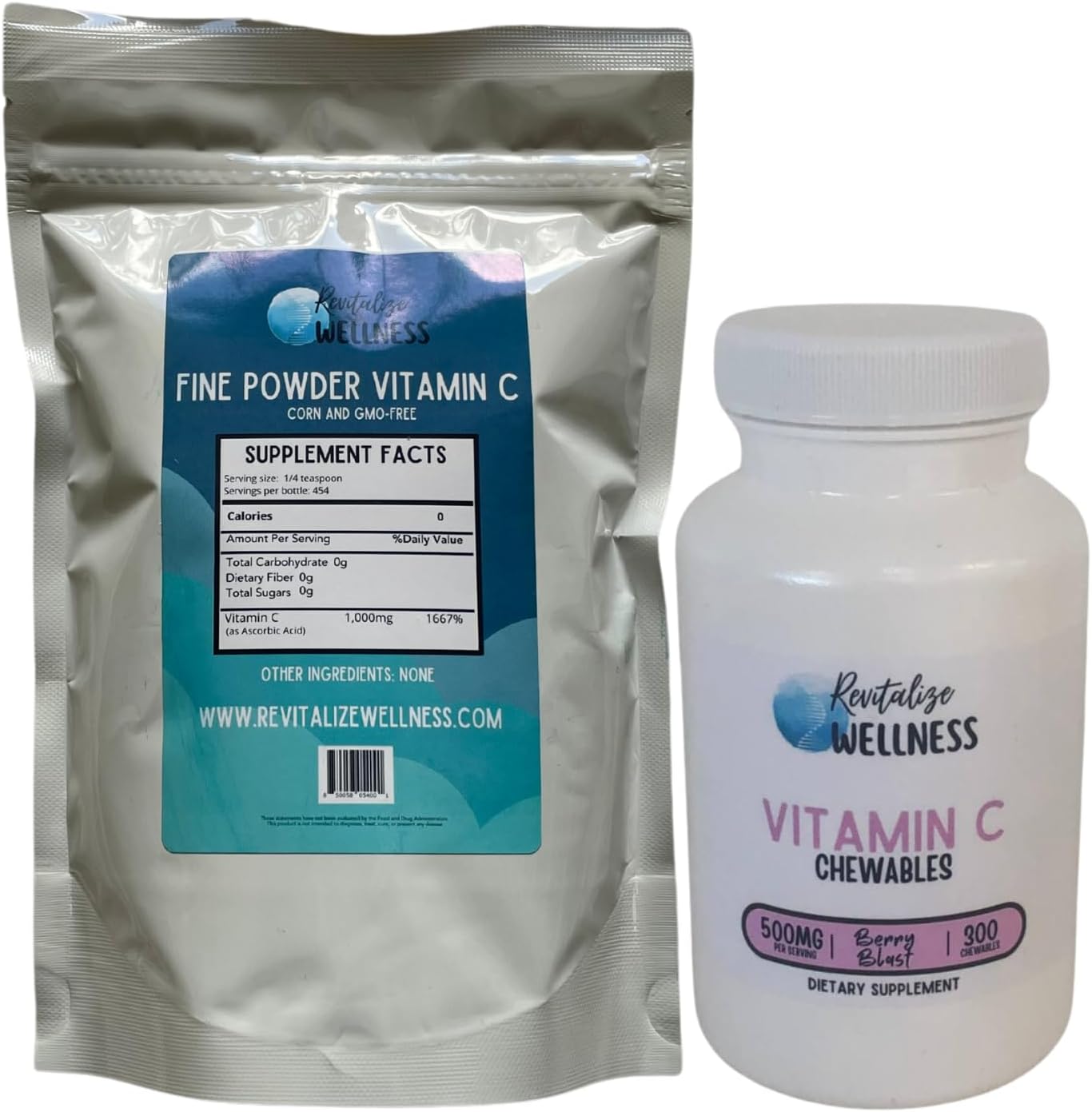 Vitamin C Wellness Bundle: 1000mg Fine Powder & 500mg Chewables | Revitalize Health with Ascorbic Acid | 1 lb. Bag