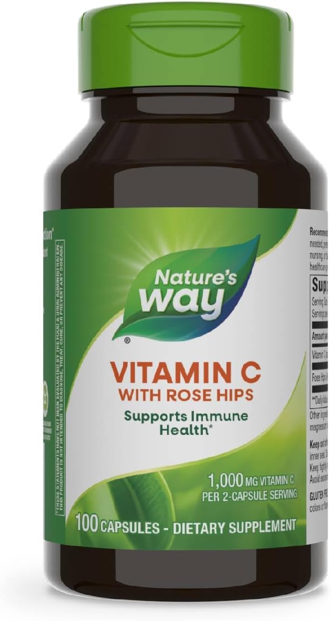 Vitamin C with Rose Hips Capsules - Immune Support & Healthy Skin - 1,000 mg - 100 Count