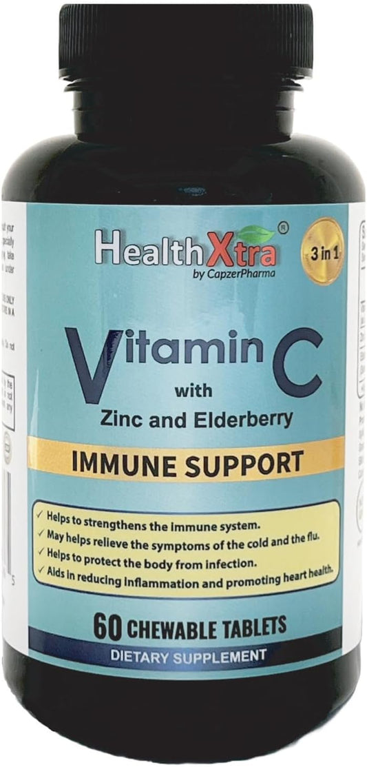 Vitamin C with Zinc, Elderberry Chewable Tablets - Immune Support, Antioxidant, Heart Health - 60 Count
