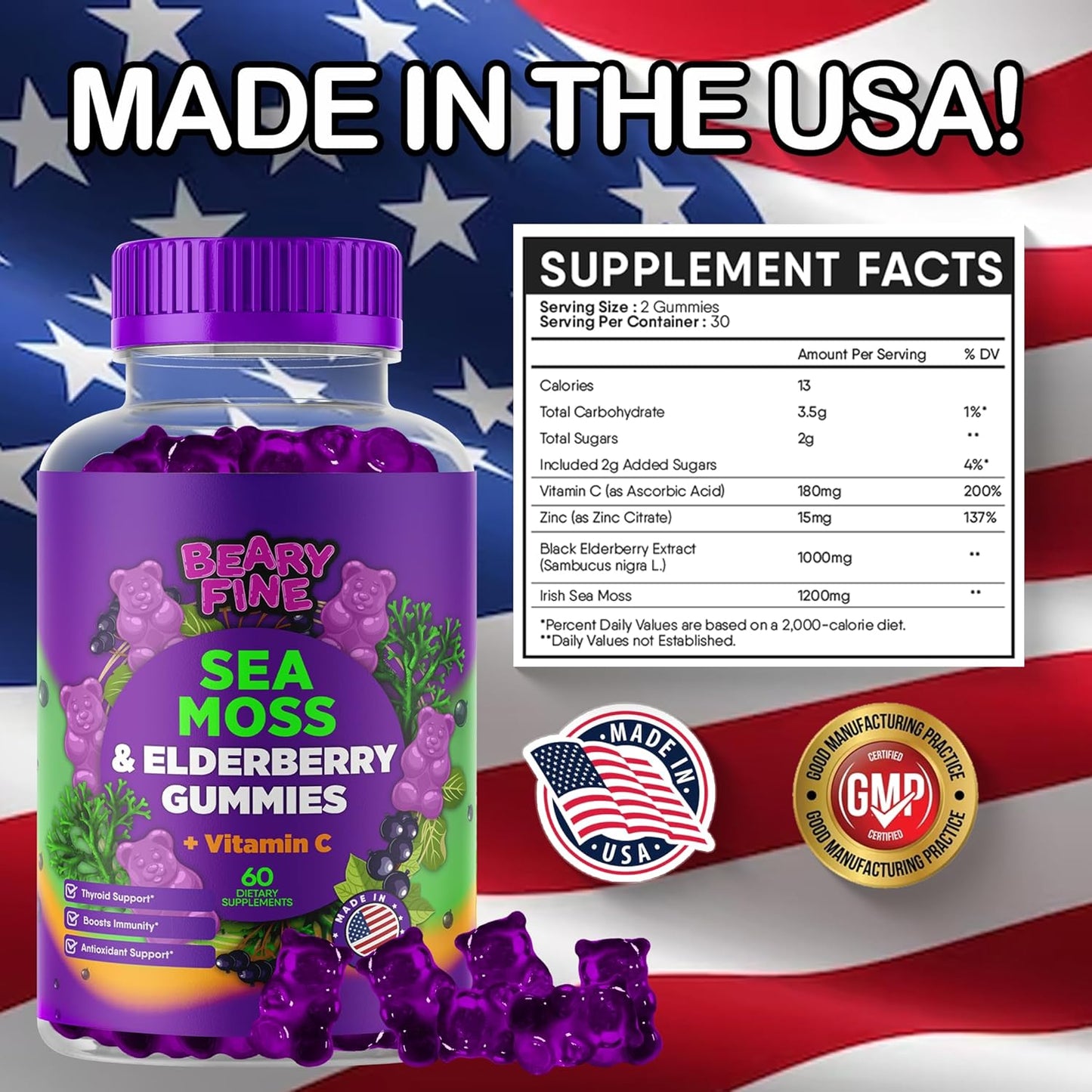 Vitamin C, Zinc, & Sea Moss Gummies with Elderberry - Immune & Thyroid Support - 60 Gummy Bears for Kids & Adults