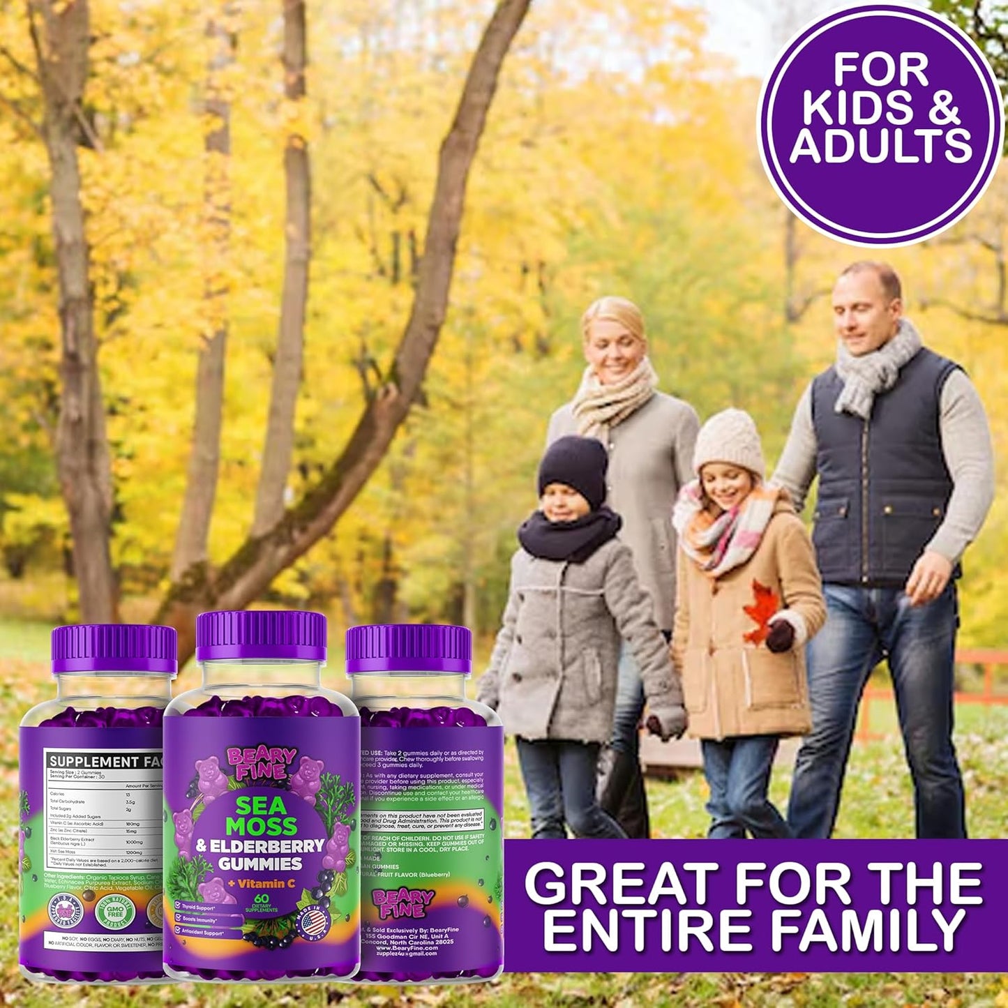 Vitamin C, Zinc, & Sea Moss Gummies with Elderberry - Immune & Thyroid Support - 60 Gummy Bears for Kids & Adults