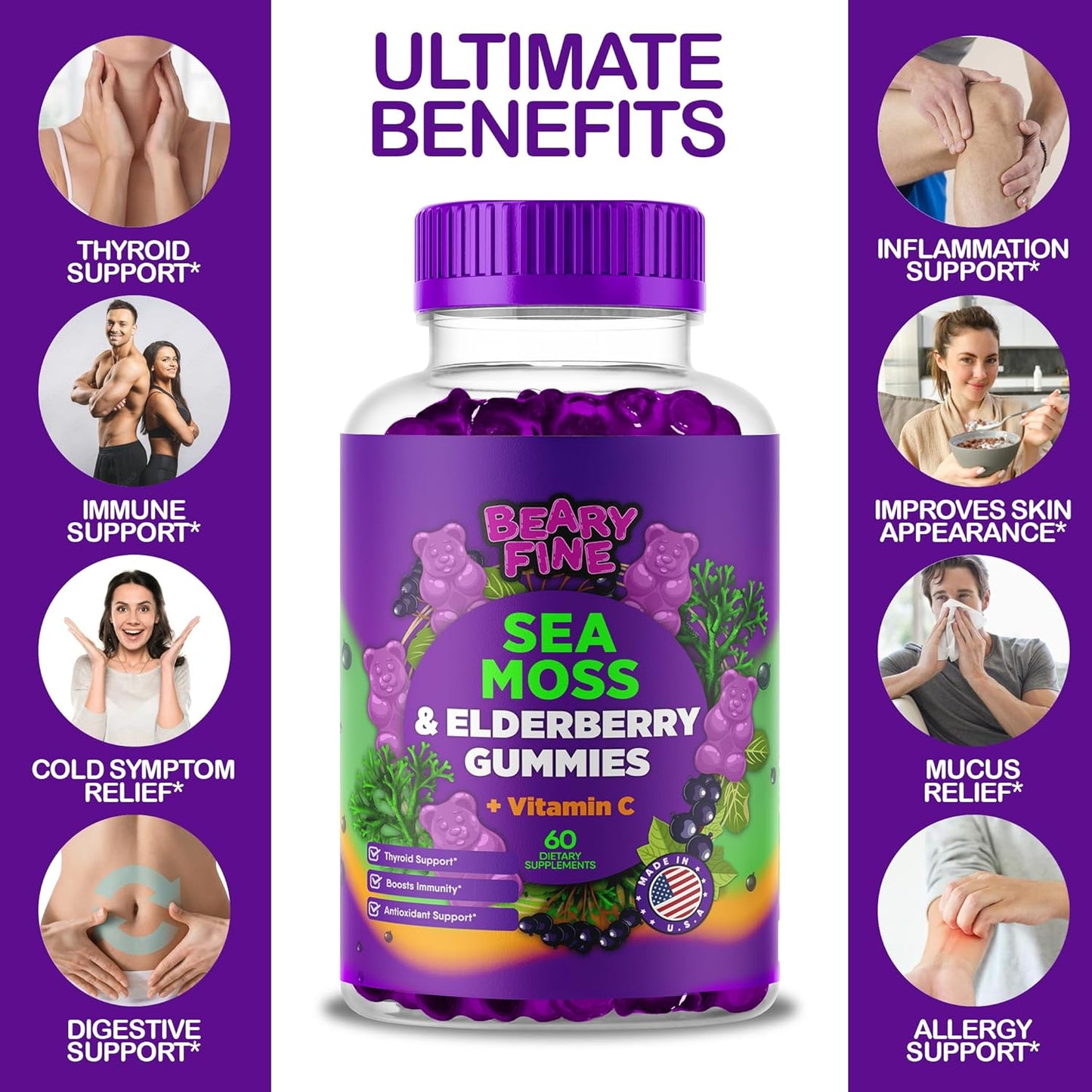 Vitamin C, Zinc, & Sea Moss Gummies with Elderberry - Immune & Thyroid Support - 60 Gummy Bears for Kids & Adults