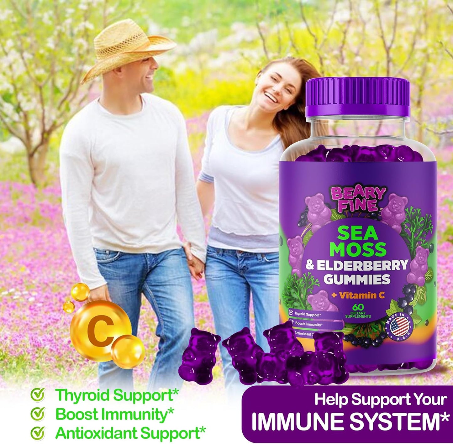Vitamin C, Zinc, & Sea Moss Gummies with Elderberry - Immune & Thyroid Support - 60 Gummy Bears for Kids & Adults