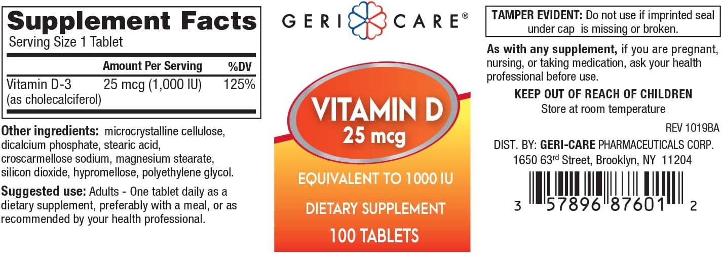 Vitamin D 25mcg Tablets Dietary Supplement - 100 Count Pack for Geriatric Care