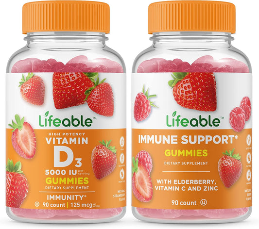 Vitamin D 5000 IU Gummies Bundle with Immune Support - Gluten-Free, GMO-Free Chewable Supplement