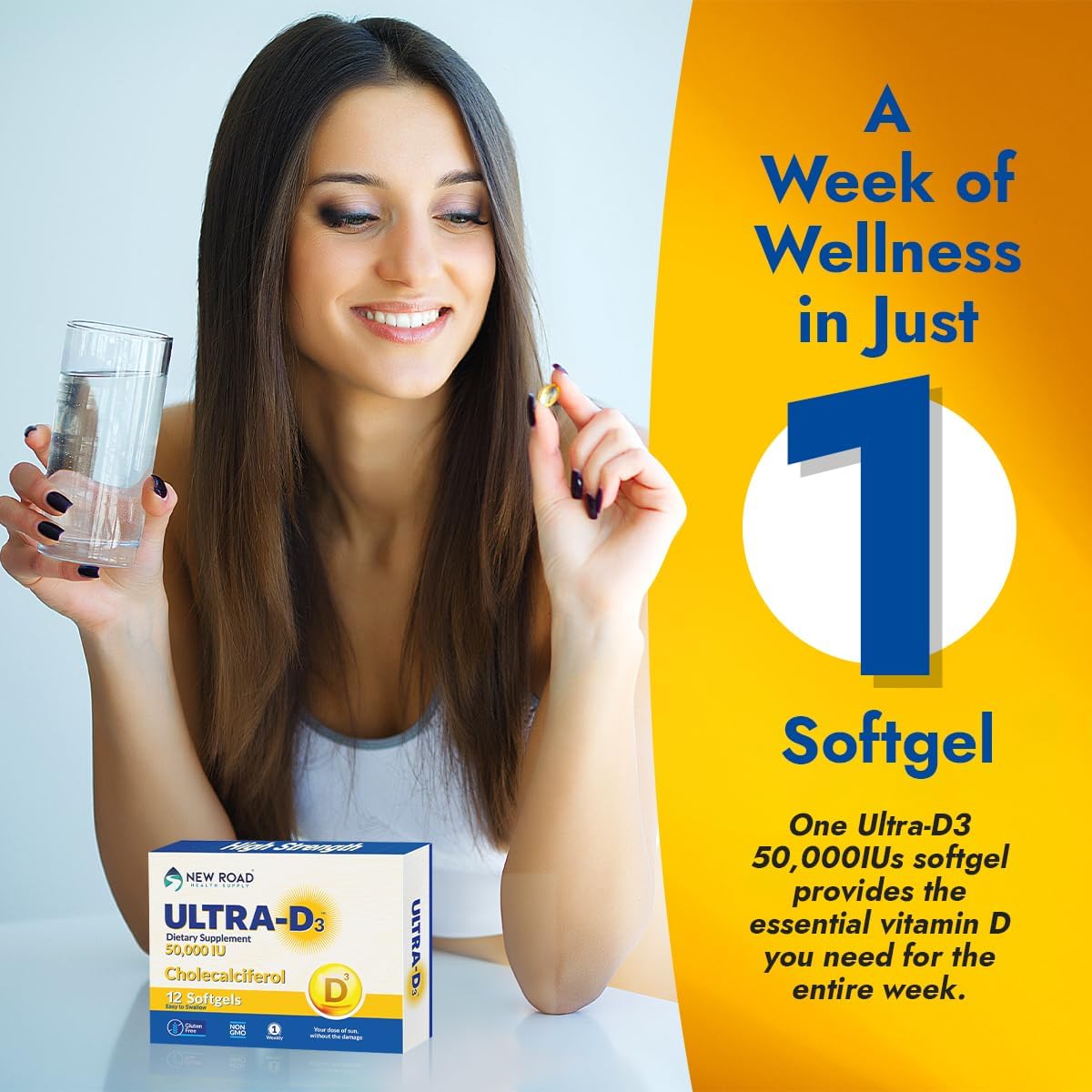 Vitamin D 50000 IU Softgel Supplement for Bones and Immune Support, Once Weekly Dose, Gluten Free, 12 Count x 3 Pack