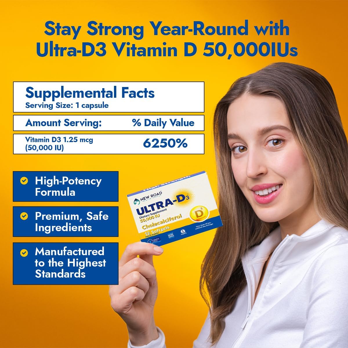 Vitamin D 50000 IU Softgel Supplement for Bones and Immune Support, Once Weekly Dose, Gluten Free, 12 Count x 3 Pack