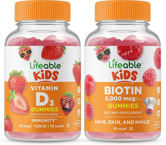 Vitamin D and Biotin Gummy Bundle for Kids - Delicious Chewable Supplements, Gluten and GMO Free