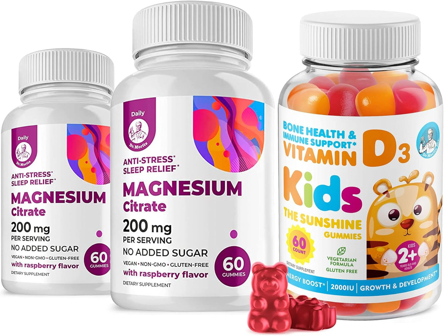 Vitamin D and Magnesium Gummies for Immune Support - Vegetarian Gelatin-Free Supplements for Kids & Adults - 2000 IU Vitamin D3, 1000 IU Magnesium, Sugar-Free Calm Chews