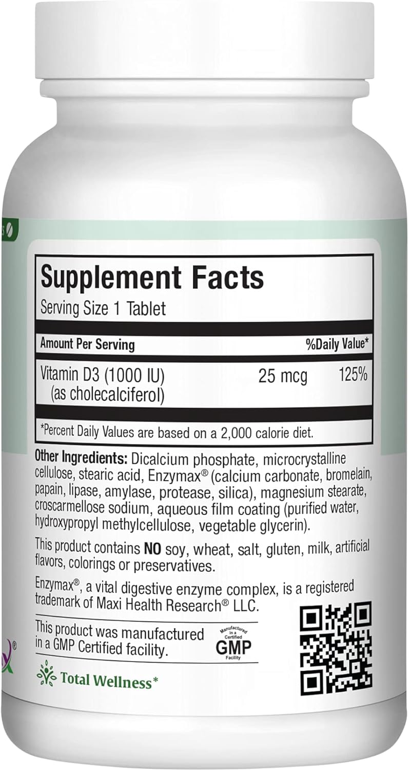 Vitamin D3 1000 IU Supplement for Bone Health & Immune Support - Easy to Swallow Tablets - Odorless & Tasteless - 90 Count