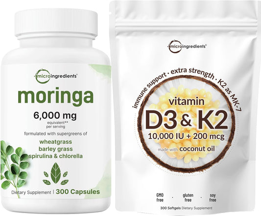 Vitamin D3 10,000iu + K2 200mcg Softgels with Moringa Oleifera 6,000mg | 300 Capsules Bundle 2 Pack | Antioxidant Supplement for Sunshine Vitamins