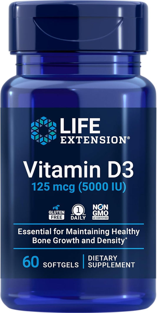 Vitamin D3 125 mcg (5000 IU) Softgels for Bone Health, Brain Function, and Immune Support - Gluten-free, Non-GMO - 60 Day Supply