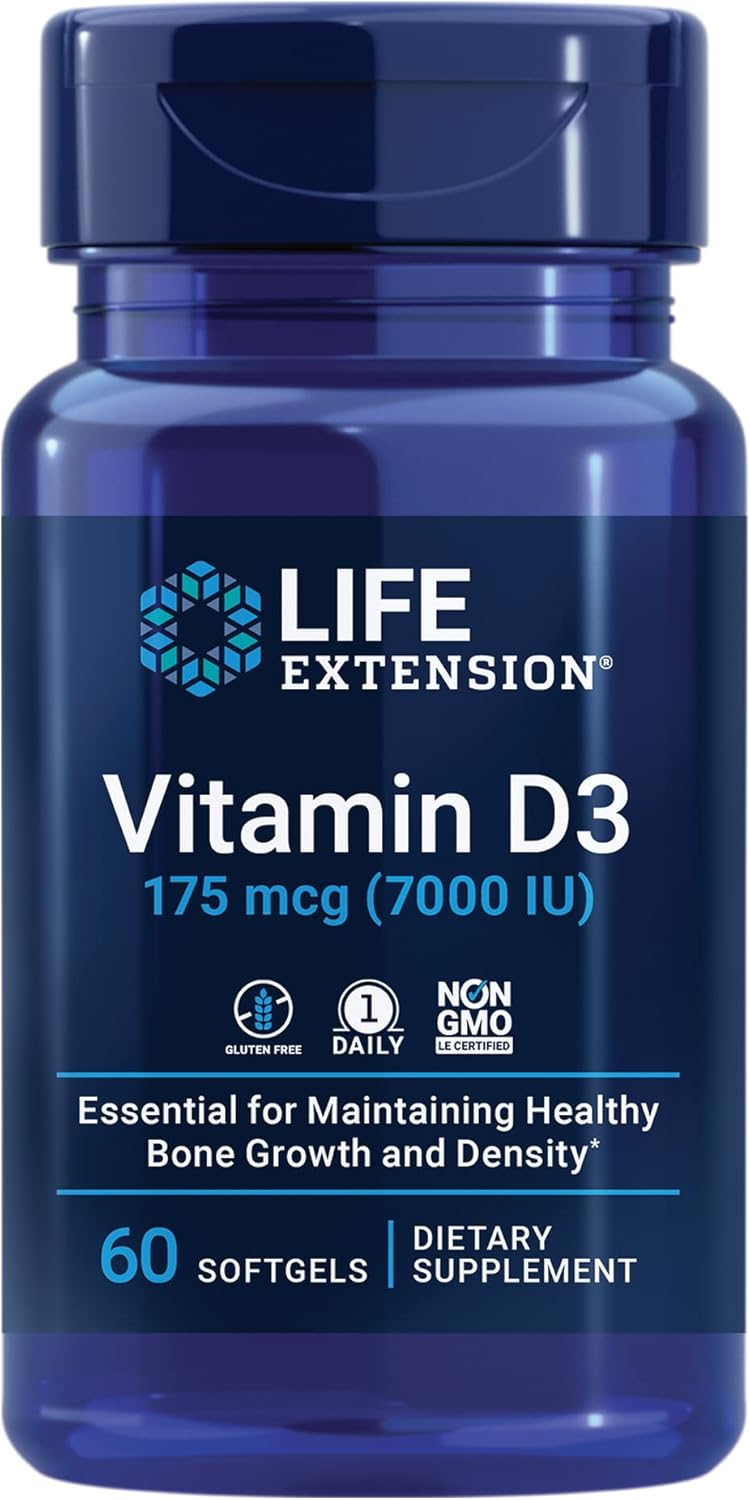 Vitamin D3 175 mcg (7000 IU) Softgels for Immune System, Bone Health, Brain Performance - 60 Count, 2 Month Supply