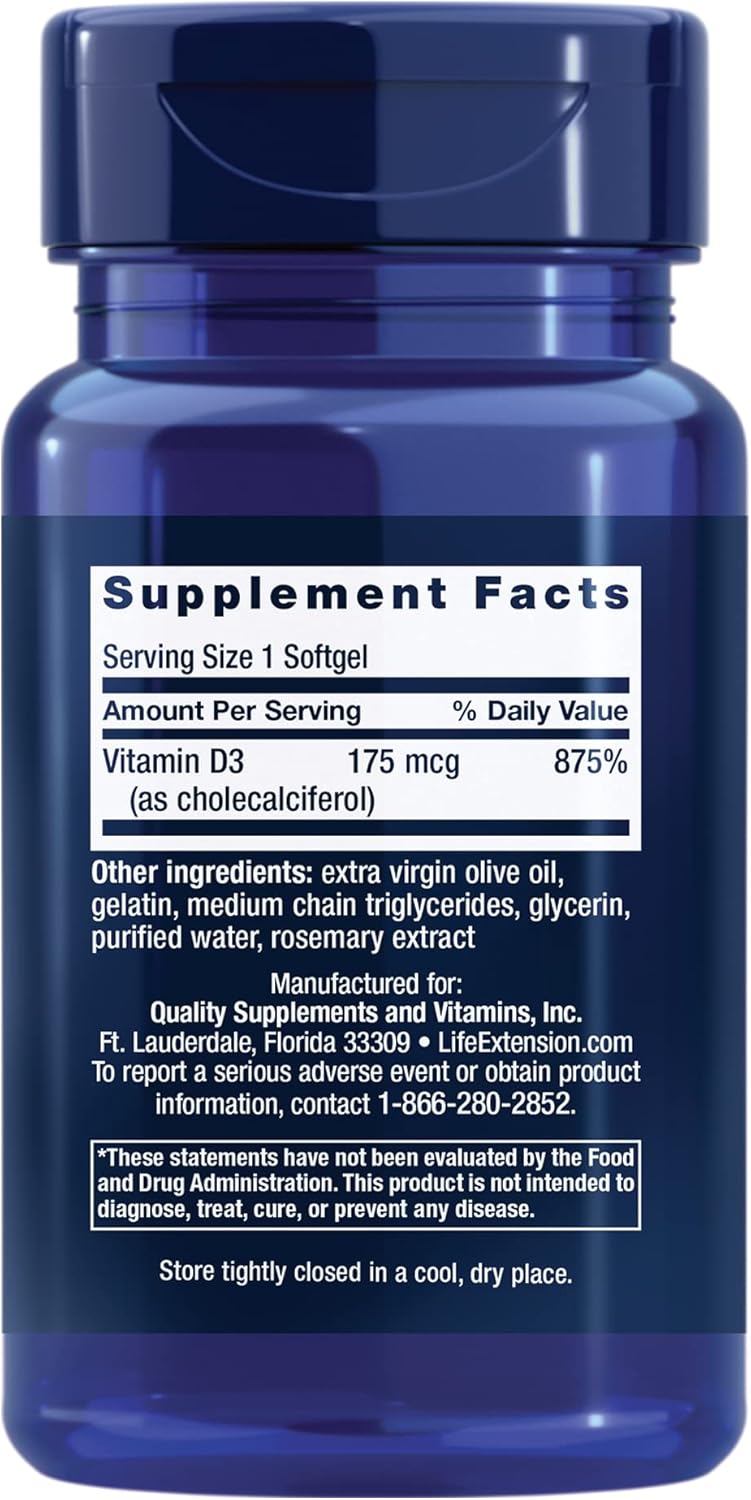 Vitamin D3 175 mcg (7000 IU) Softgels for Immune System, Bone Health, Brain Performance - 60 Count, 2 Month Supply