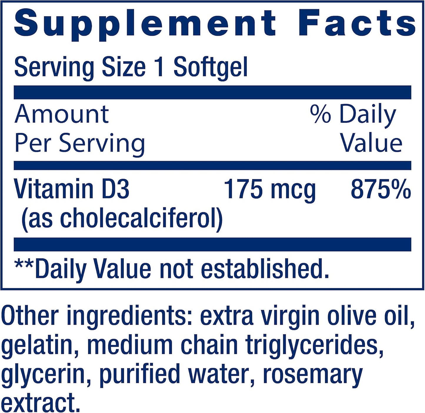Vitamin D3 175 mcg (7000 IU) Softgels for Immune System, Bone Health, Brain Performance - 60 Count, 2 Month Supply