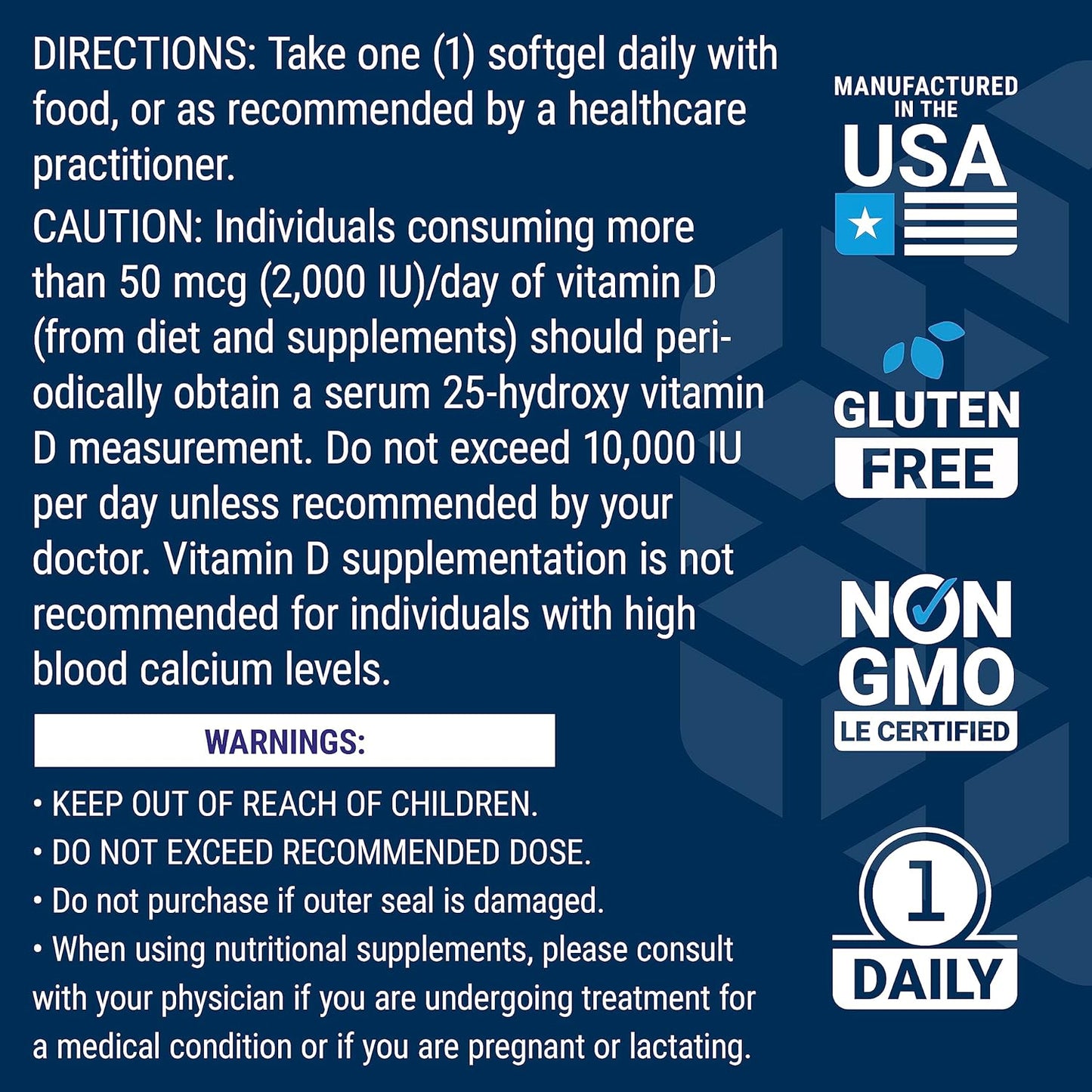 Vitamin D3 175 mcg (7000 IU) Softgels for Immune System, Bone Health, Brain Performance - 60 Count, 2 Month Supply