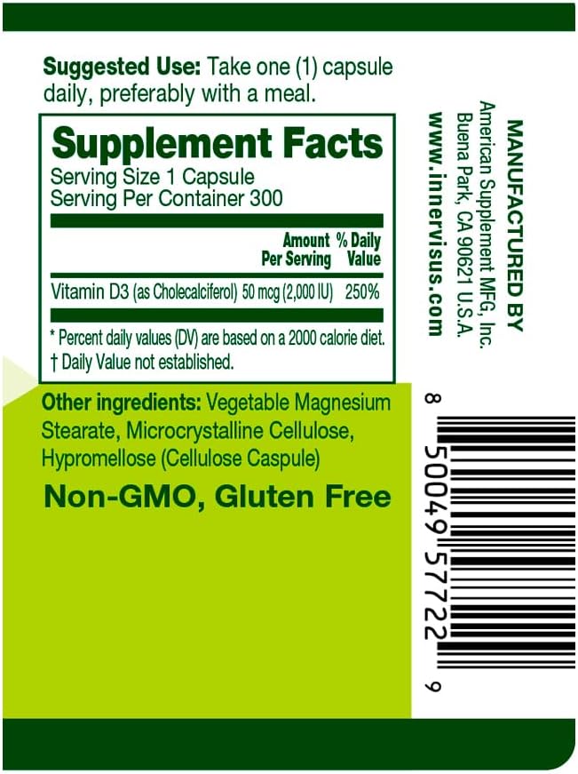 Vitamin D3 2000 IU (50 mcg) 300 Vegetable Capsules for Bone, Teeth, and Immune Health