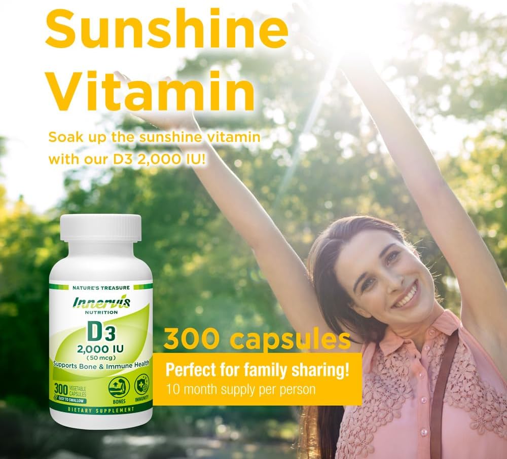 Vitamin D3 2000 IU (50 mcg) 300 Vegetable Capsules for Bone, Teeth, and Immune Health