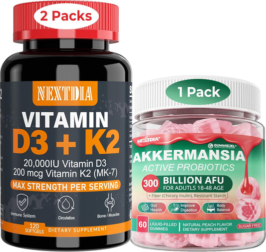 Vitamin D3 20,000 IU + K2(MK7) 200mcg Softgels and Akkermansia Probiotics Gummies with Prebiotics Fiber for Gut Health