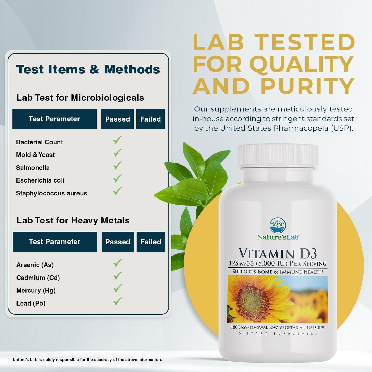 Vitamin D3 5000 IU 180ct (6 Month Supply) for Immune Support and Healthy Bones - Gluten Free, Non GMO by Nature's Lab