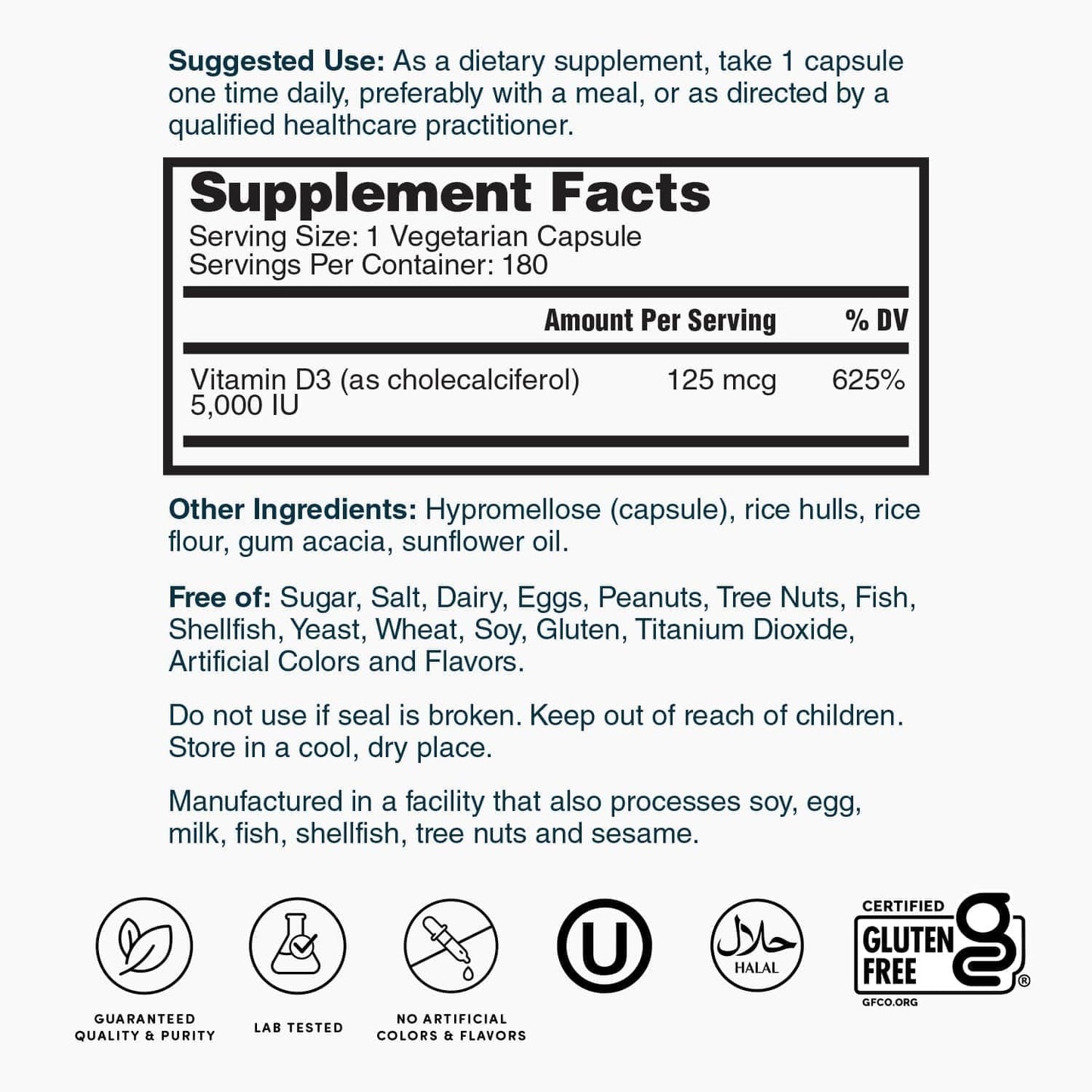 Vitamin D3 5000 IU 180ct (6 Month Supply) for Immune Support and Healthy Bones - Gluten Free, Non GMO by Nature's Lab