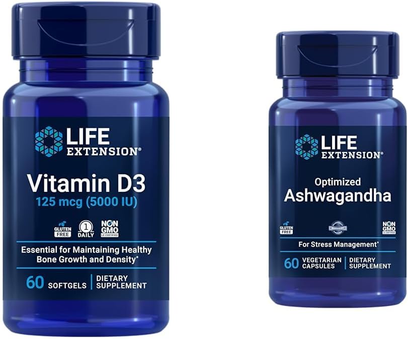 Vitamin D3 5000 IU and Ashwagandha Bundle for Stress Relief, Focus, Memory, and Mood Support - Non-GMO Supplement