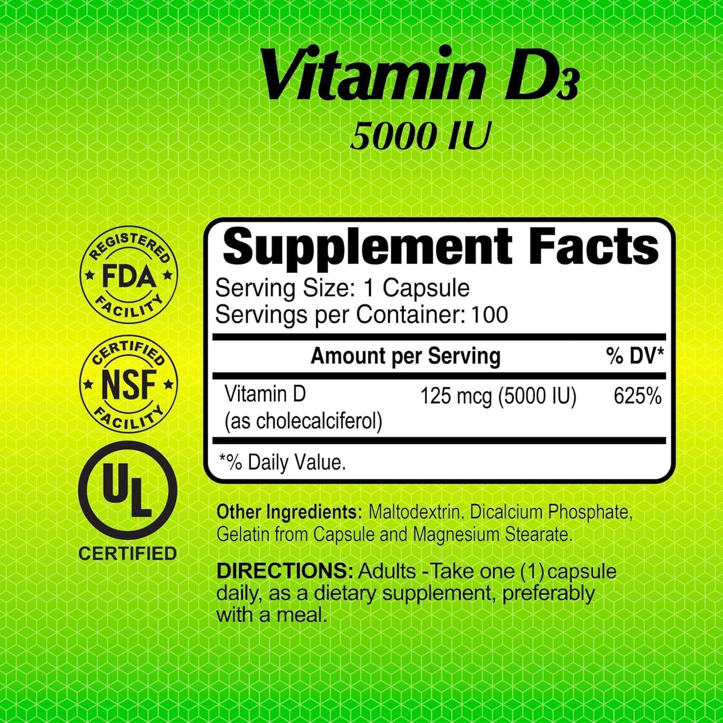Vitamin D3 5000 IU Capsules for Immune Support, Joint Health, and Strong Bones - 100 Count