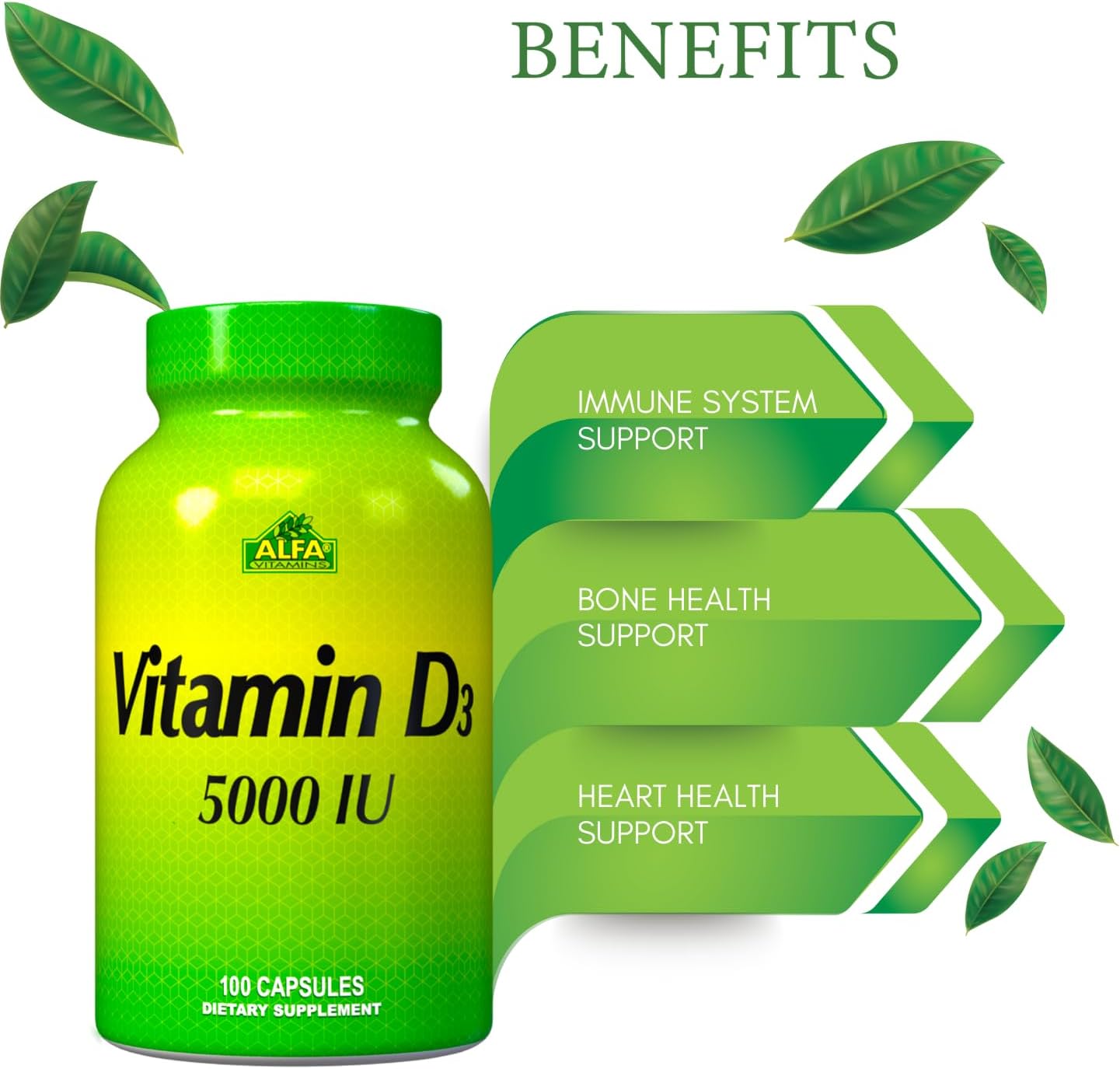 Vitamin D3 5000 IU Capsules for Immune Support, Joint Health, and Strong Bones - 100 Count