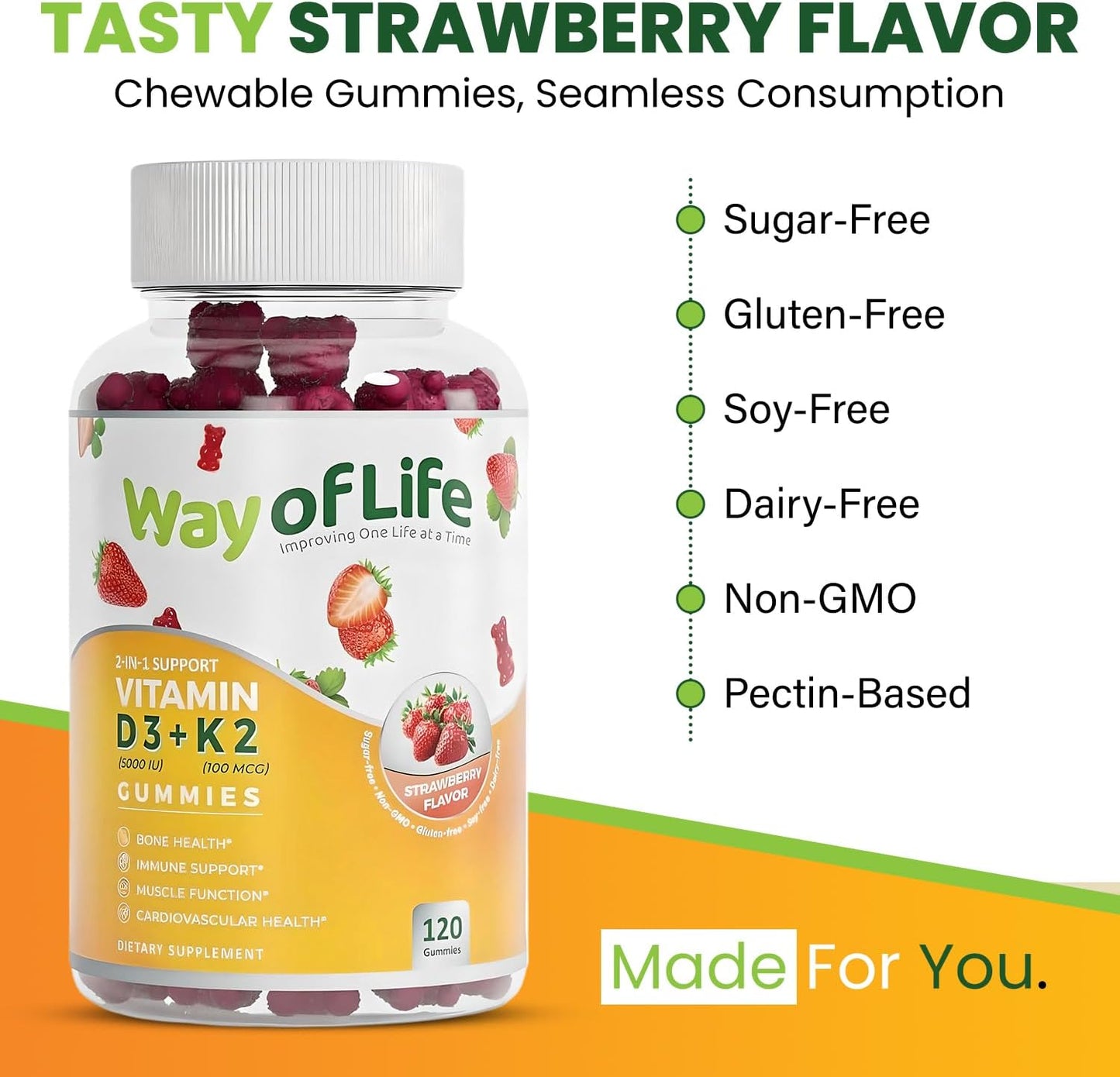 Vitamin D3 5000 IU + K2 (MK-7) 100 mcg Strawberry Gummies 120 Count - Bone & Heart Health for Adults, Muscle Function, Pectin, Tasty, Chewy, Non-GMO, Gluten-Free - BoostGo Australia