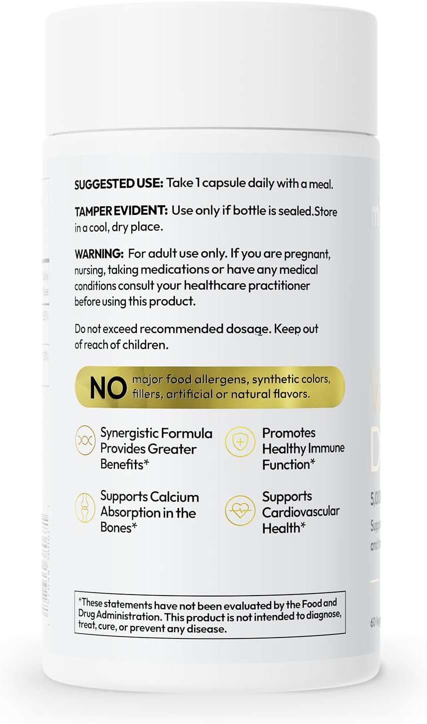 Vitamin D3 5,000 IU + K2 MK-7 Supplement for Bone, Heart & Immune Support - 60 Servings