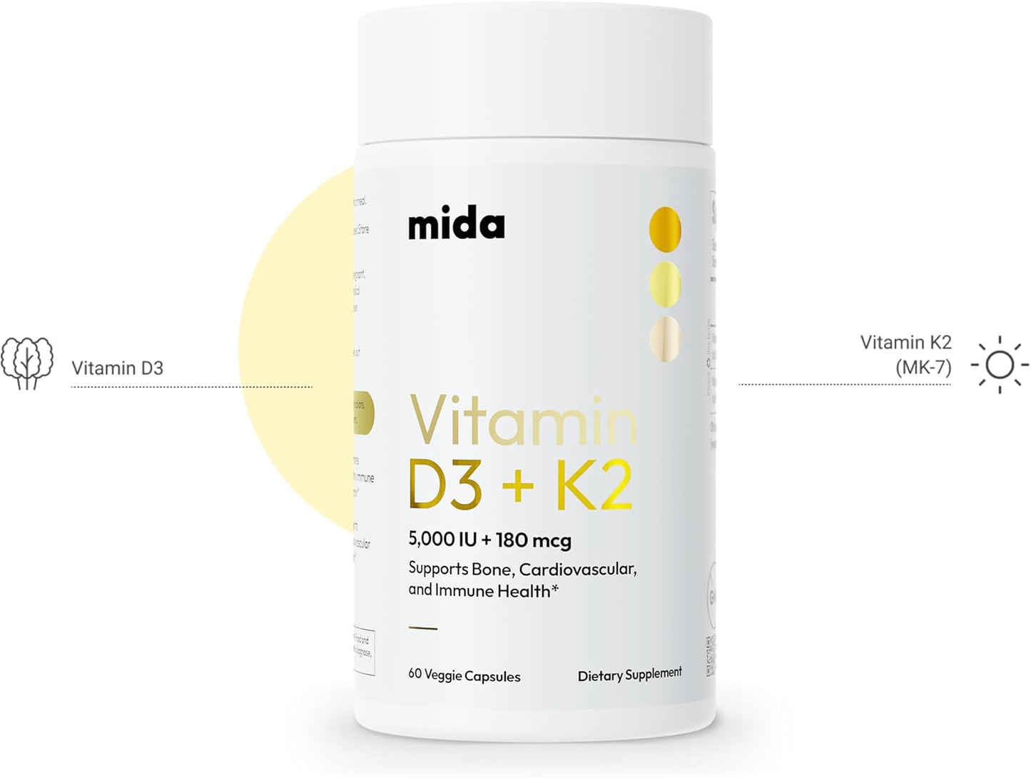 Vitamin D3 5,000 IU + K2 MK-7 Supplement for Bone, Heart & Immune Support - 60 Servings