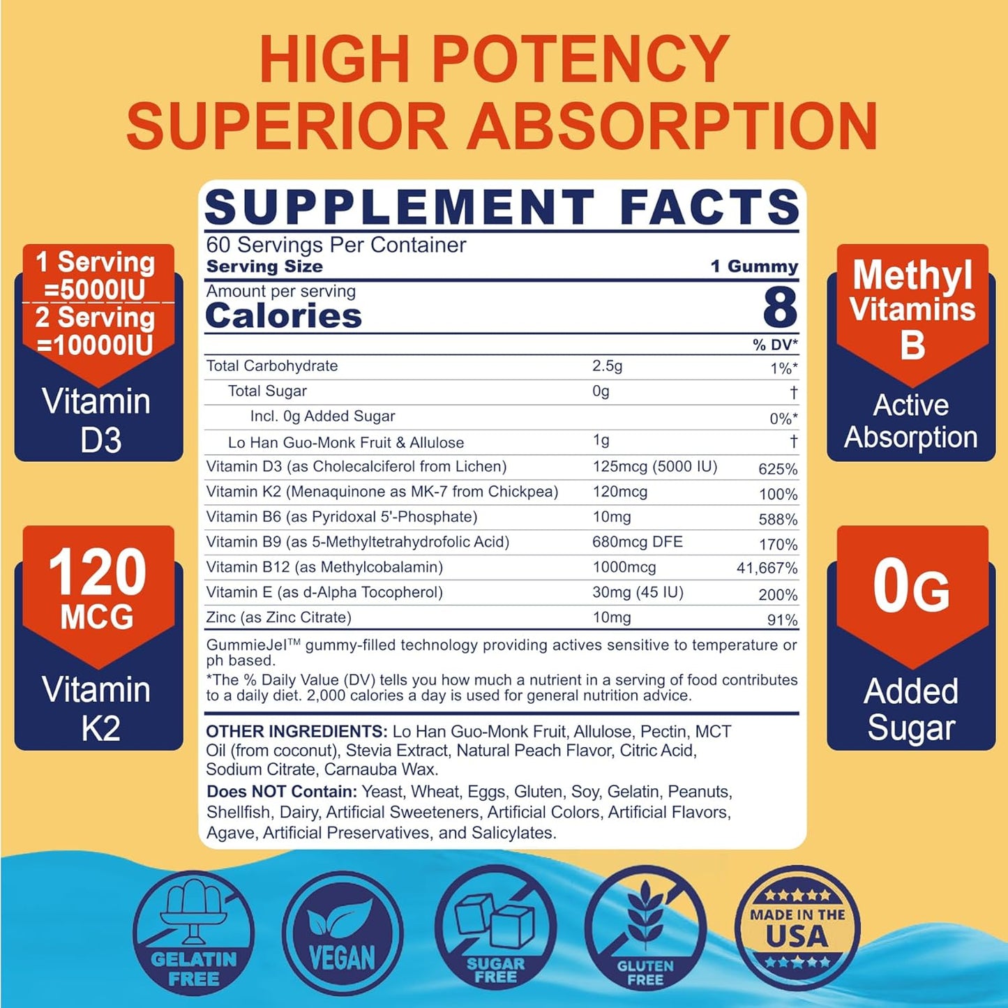 Vitamin D3 5000IU with K2 (MK-7) 120mcg, Zinc, and Copper Gummy Supplements