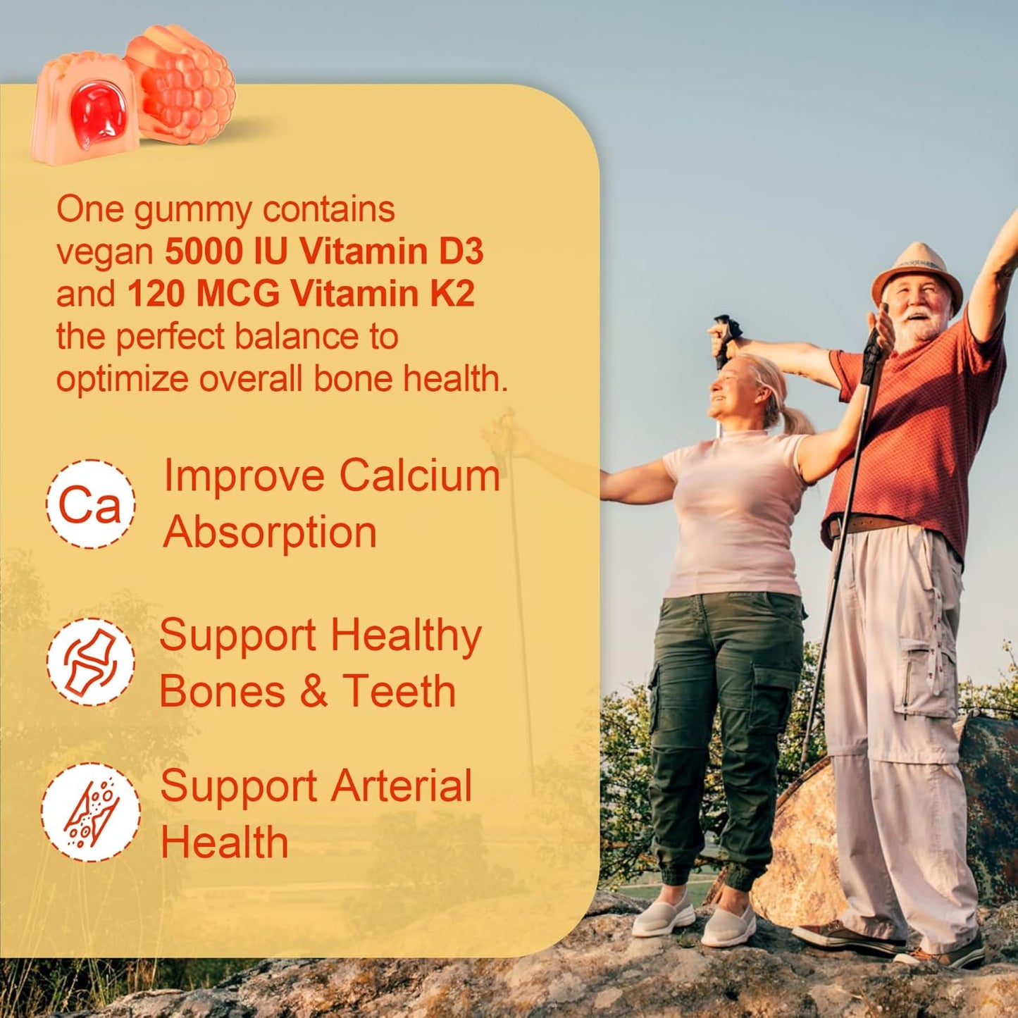 Vitamin D3 5000IU with K2 (MK-7) 120mcg, Zinc, and Copper Gummy Supplements