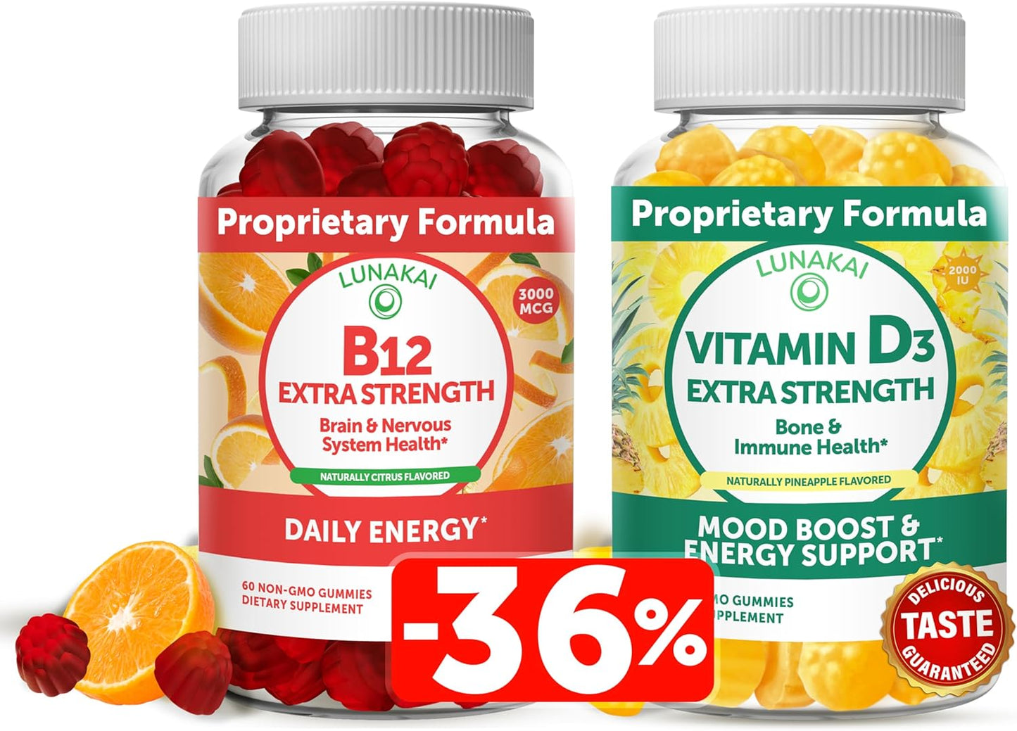Vitamin D3 and B12 Gummies Bundle for Immunity, Bone, and Mood Support - High Absorption Energy Supplements with 2000IU VIT D3 and 3000mcg Methylcobalamin