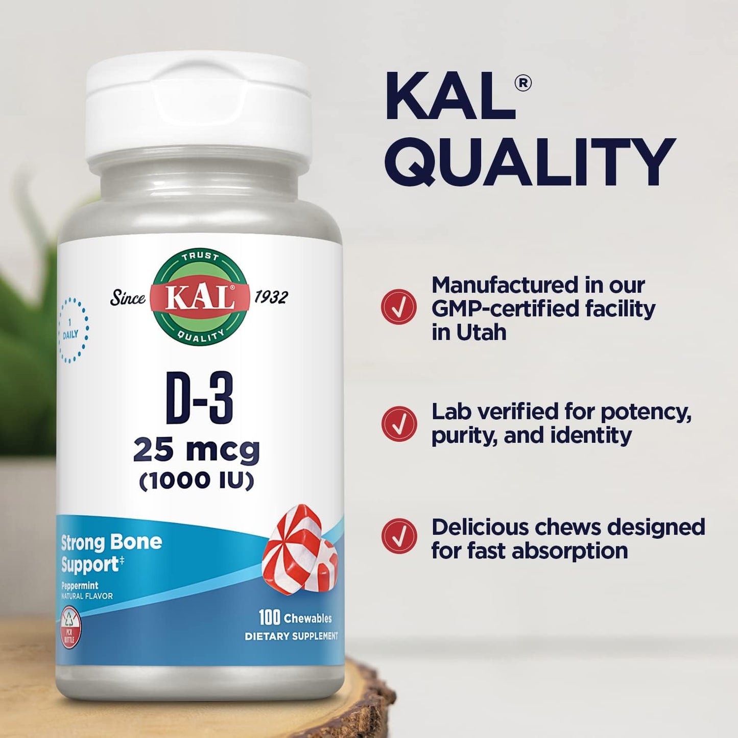 Vitamin D3 Chewables for Bone Health & Immune Support - 1000 IU, Natural Peppermint Flavor, Xylitol Sweetened - 100 Chews