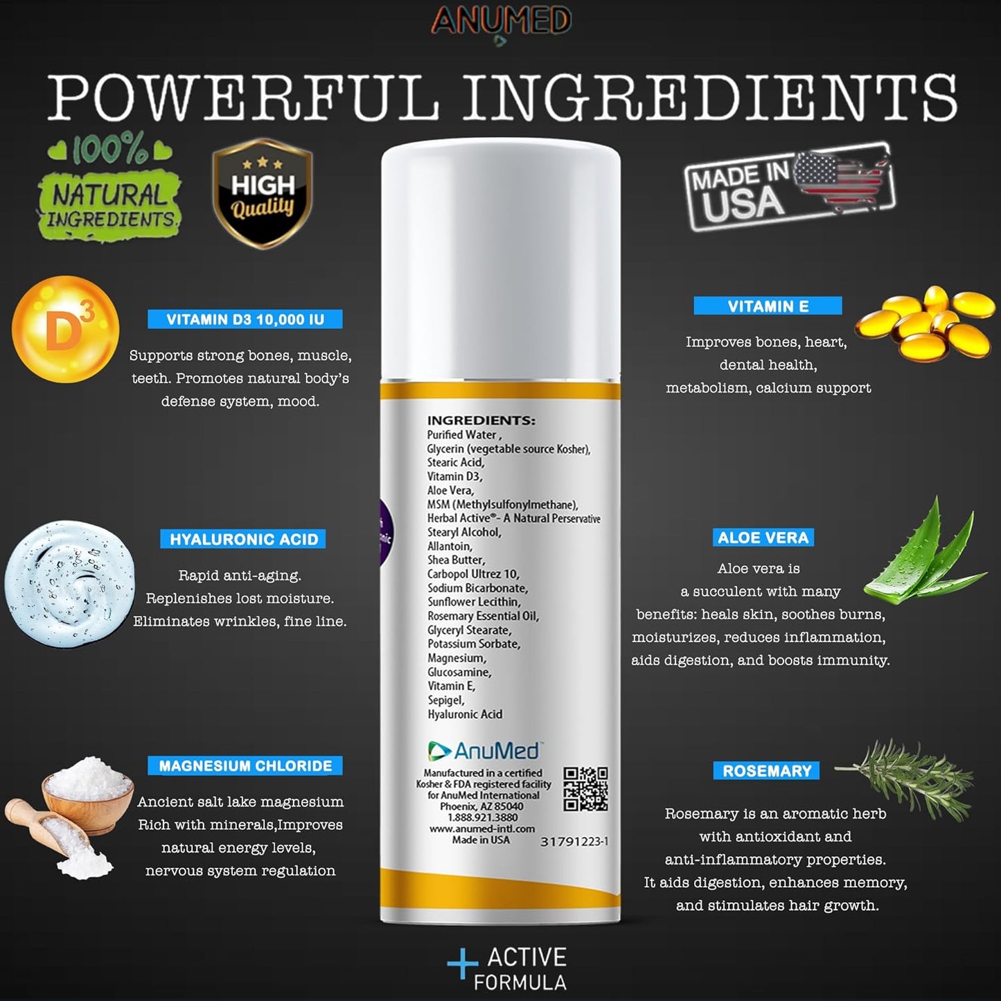 Vitamin D3 Cream with Magnesium, Hyaluronic Acid, and Vitamin E for Dry Skin - Oil-Free Moisturizer (3oz)