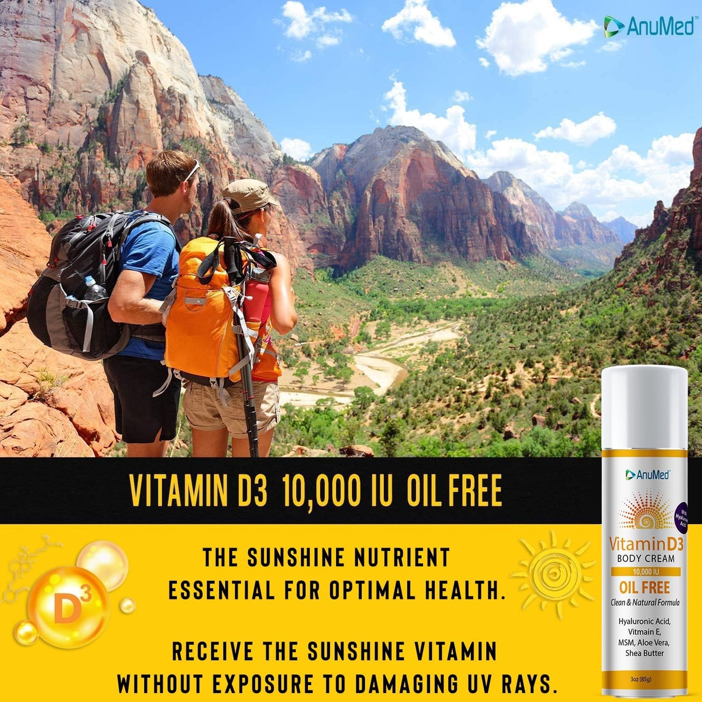 Vitamin D3 Cream with Magnesium, Hyaluronic Acid, and Vitamin E for Dry Skin - Oil-Free Moisturizer (3oz)