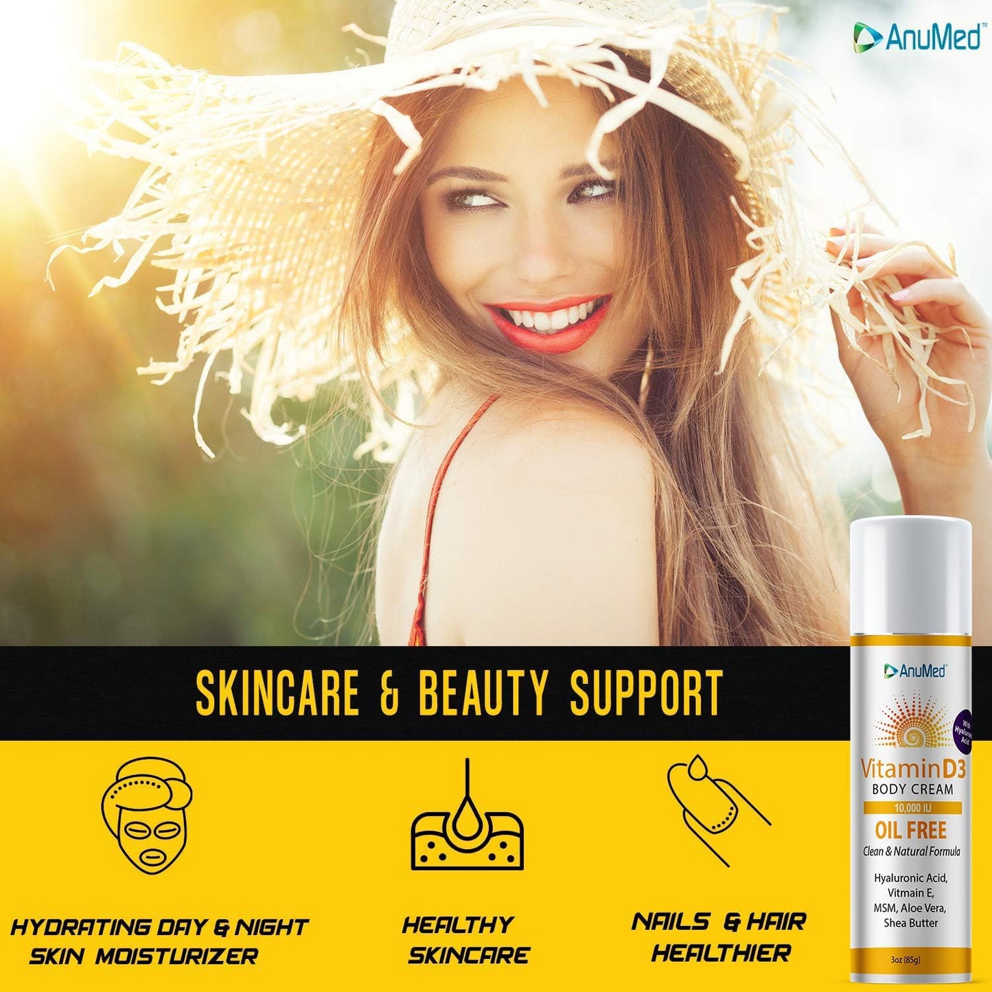 Vitamin D3 Cream with Magnesium, Hyaluronic Acid, and Vitamin E for Dry Skin - Oil-Free Moisturizer (3oz)
