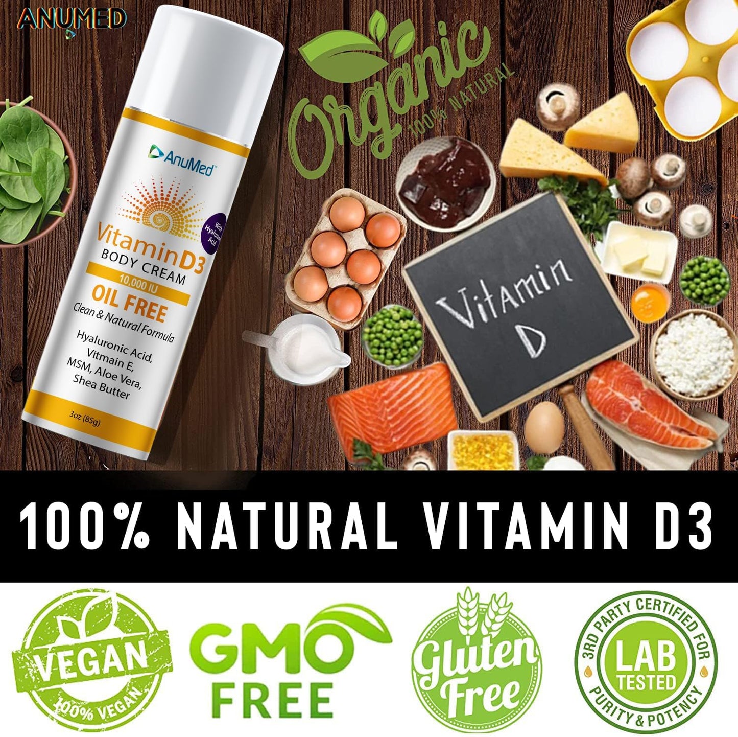 Vitamin D3 Cream with Magnesium, Hyaluronic Acid, and Vitamin E for Dry Skin - Oil-Free Moisturizer (3oz)