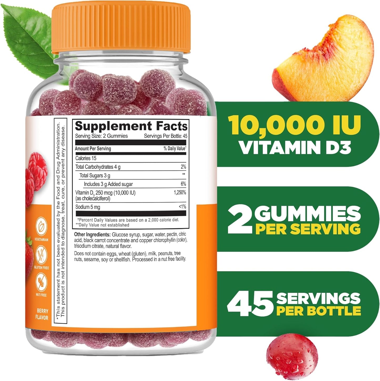 Vitamin D3 Gummies 10000IU for Bone Health | Bone Strength Supplements for Adults | Tasty Vitamin D Gummies for Men and Women | 90 Gummies