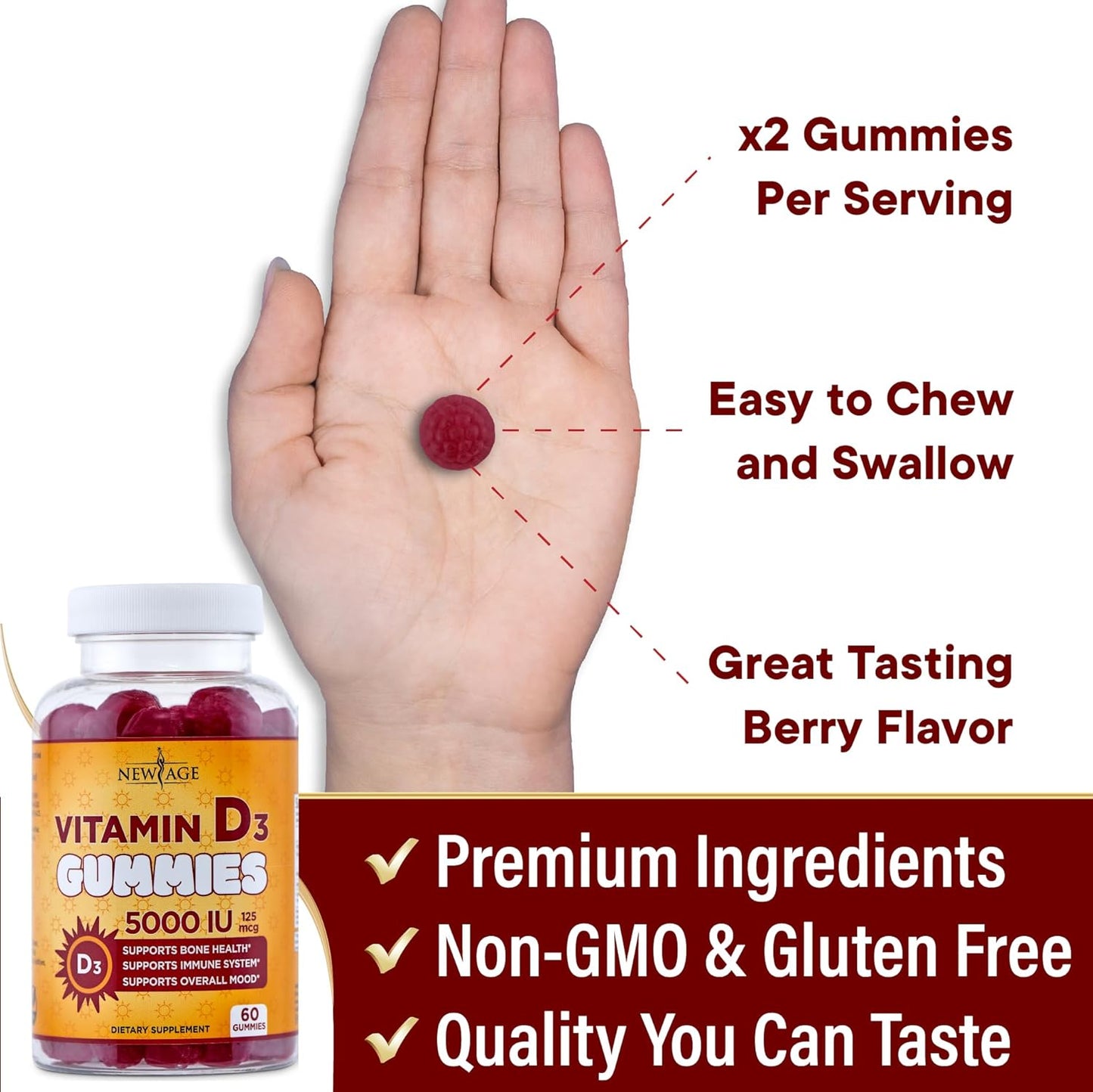 Vitamin D3 Gummies 5000 IU - Immune & Bone Health Support - Non-GMO, Gluten-Free (540 Gummies)