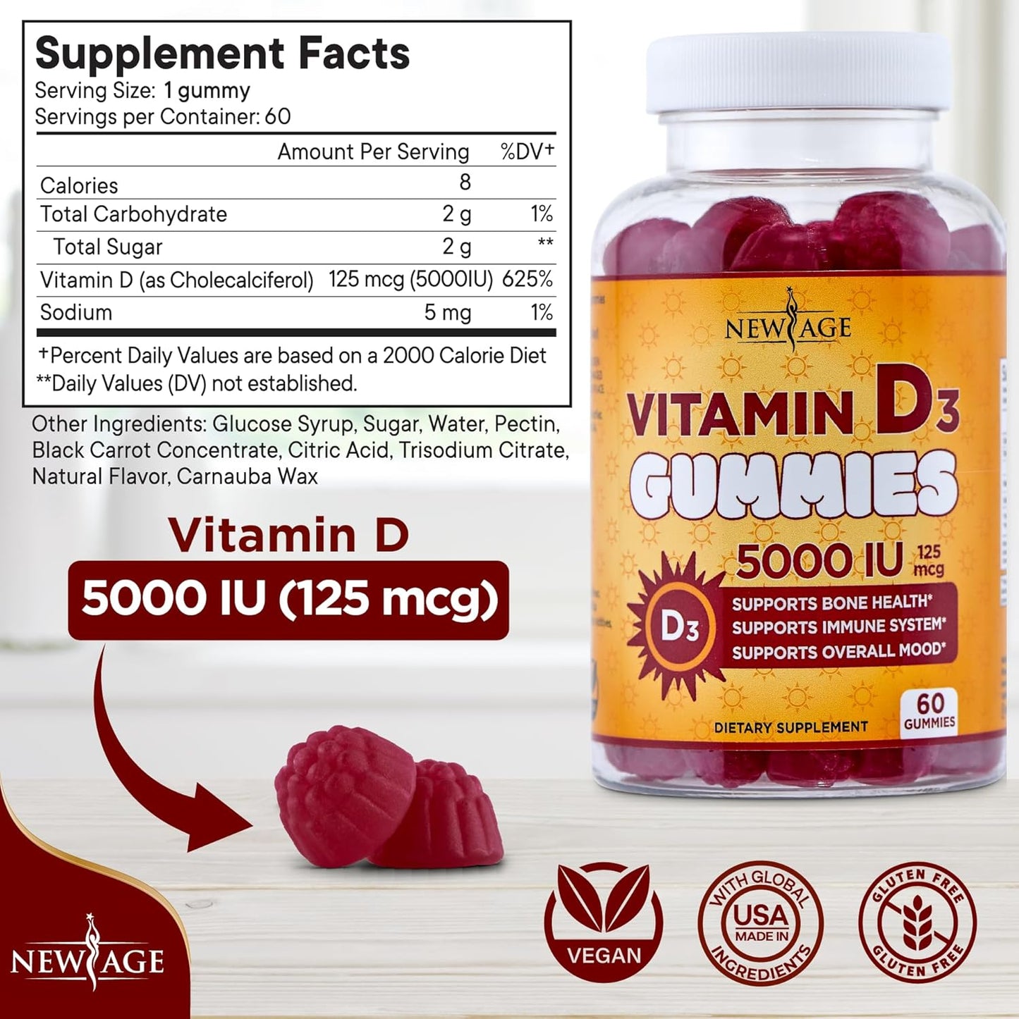 Vitamin D3 Gummies 5000 IU - Immune Support & Bone Health - Non-GMO, Gluten-Free, Dairy-Free - 60 Gummies