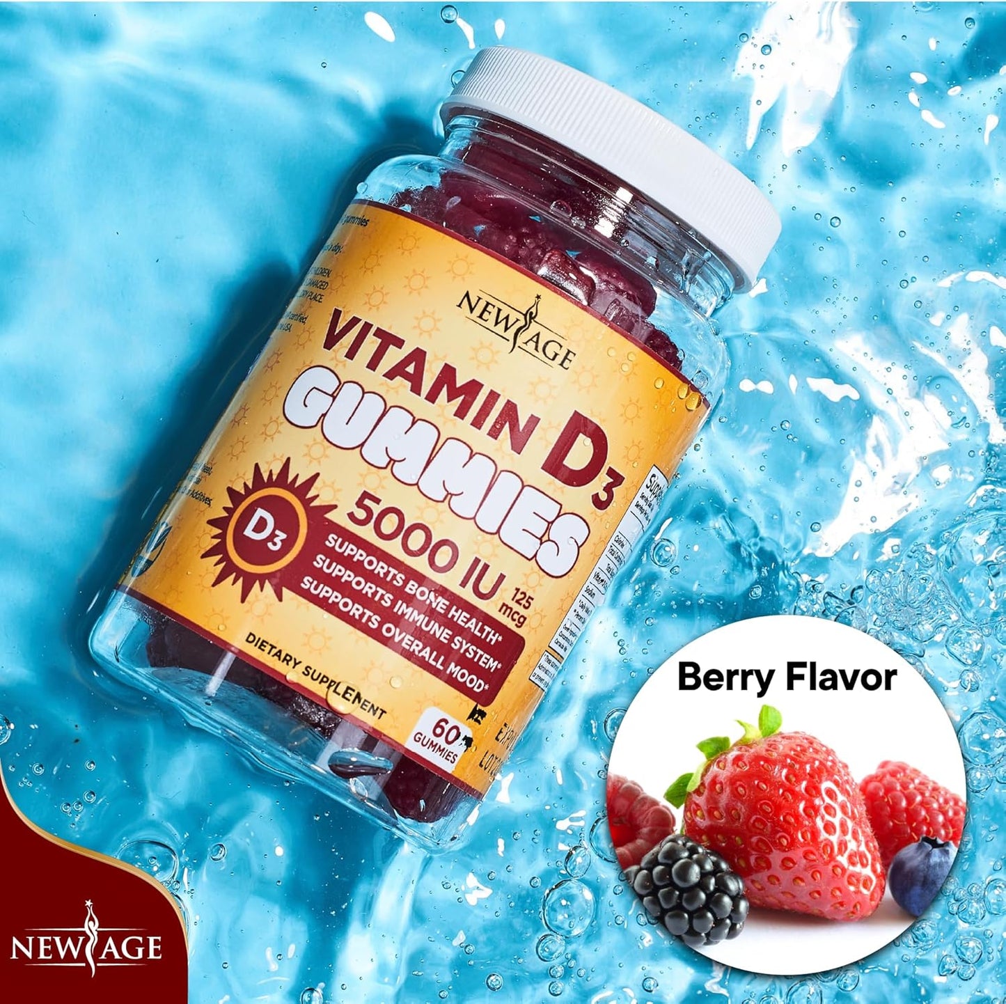 Vitamin D3 Gummies 5000 IU - Immune Support & Bone Health - Non-GMO, Gluten-Free, Dairy-Free - 60 Gummies